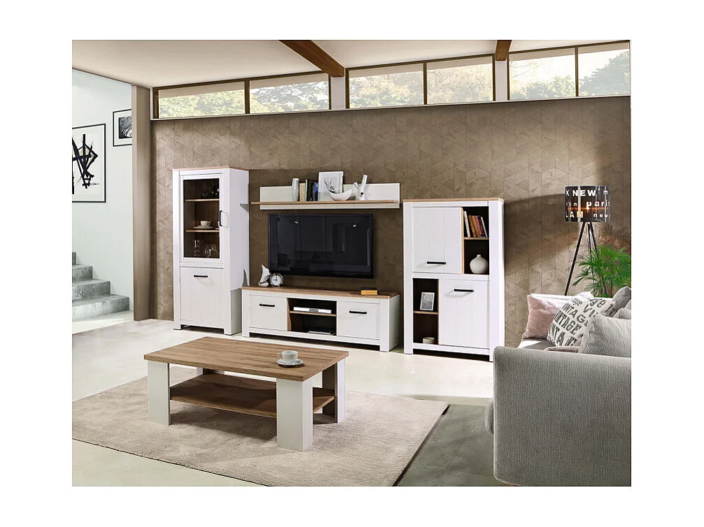 Etagère murale 160 cm blanc mat et décor bois clair - LEANE