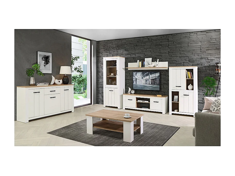 Etagère murale 160 cm blanc mat et décor bois clair - LEANE