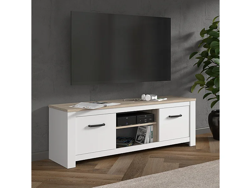 Meuble TV 2 portes blanc mat décor bois clair poignées noires - LEANE