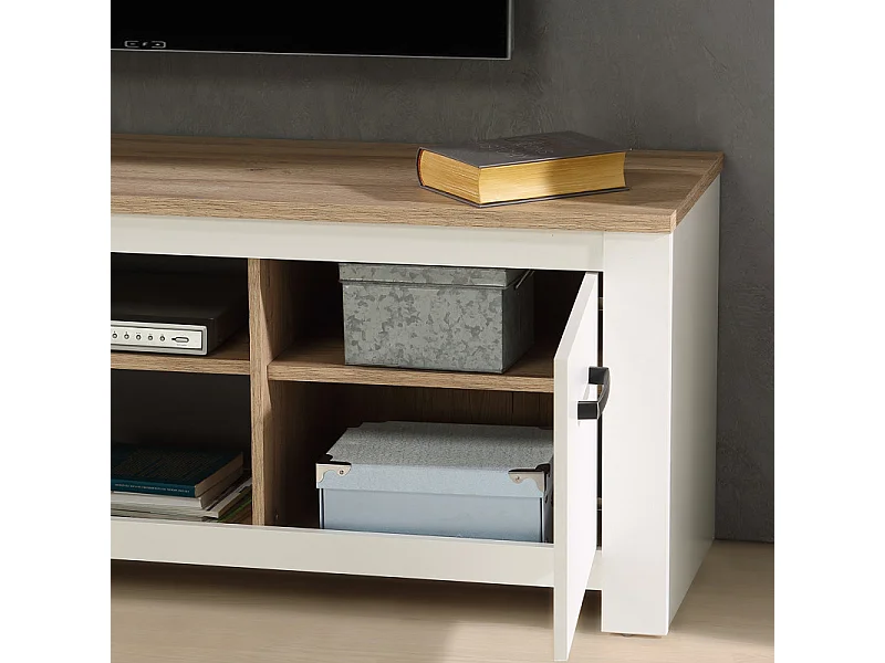 Meuble TV 2 portes blanc mat décor bois clair poignées noires - LEANE