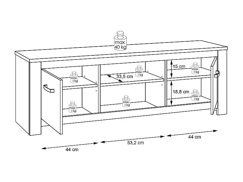 Meuble TV 2 portes blanc mat décor bois clair poignées noires - LEANE