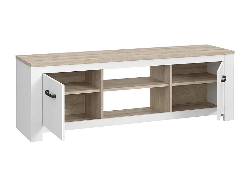 Meuble TV 2 portes blanc mat décor bois clair poignées noires - LEANE