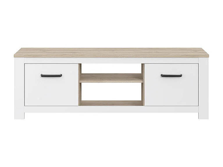 Meuble TV 2 portes blanc mat décor bois clair poignées noires - LEANE