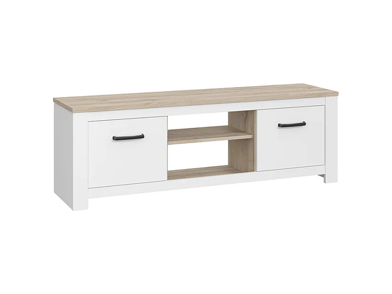 Meuble TV 2 portes blanc mat décor bois clair poignées noires - LEANE