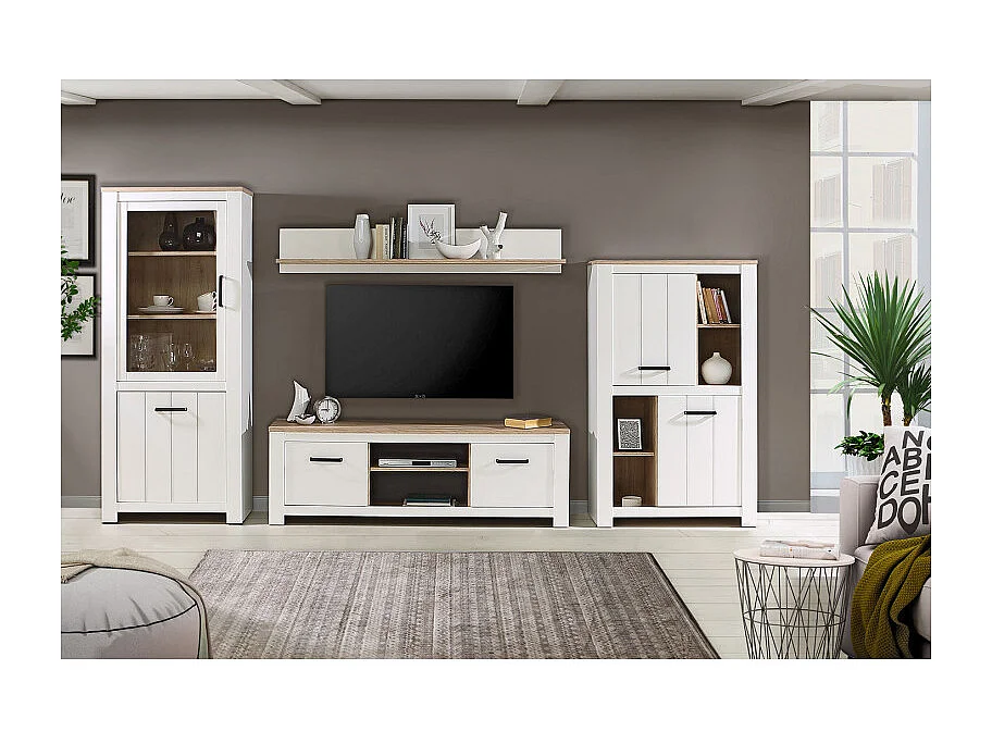 Meuble TV 2 portes blanc mat décor bois clair poignées noires - LEANE