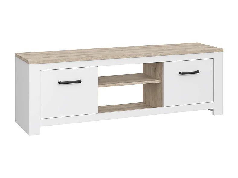 Meuble TV 2 portes blanc mat décor bois clair poignées noires - LEANE