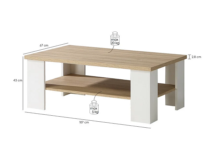 Table basse 107 cm blanc mat et 2 plateaux décor bois clair - LEANE