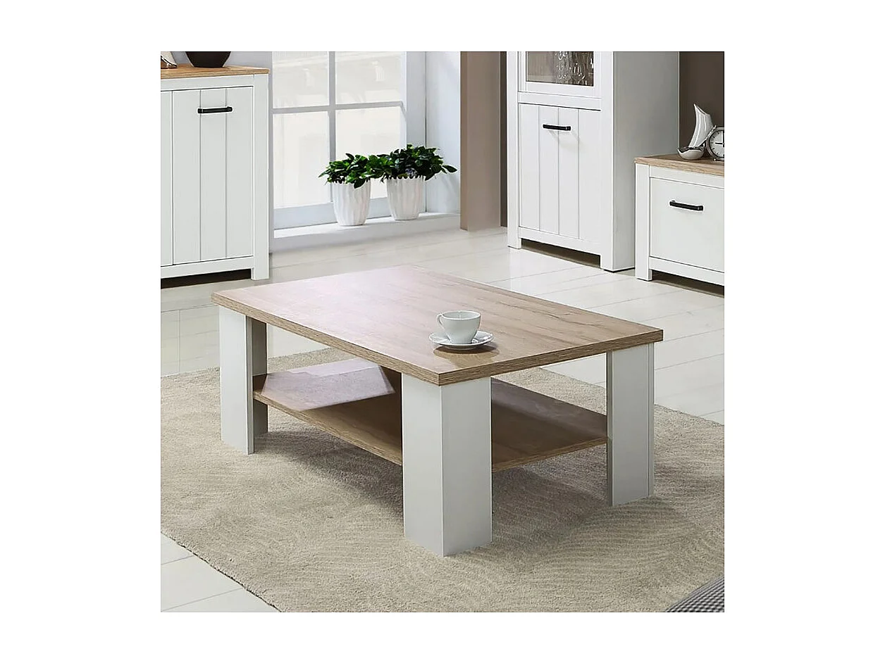 Table basse 107 cm blanc mat et 2 plateaux décor bois clair - LEANE