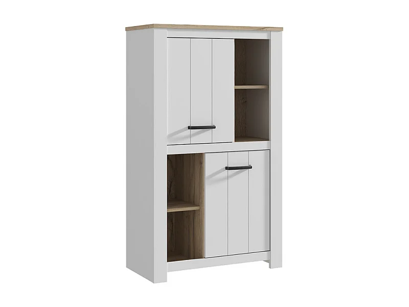 Vaisselier 2 portes 4 niches blanc mat décor bois poignées noir - LEANE