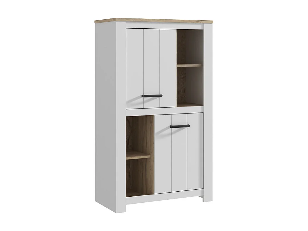 Vaisselier 2 portes 4 niches blanc mat décor bois poignées noir - LEANE