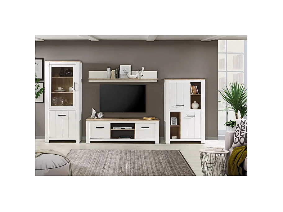 Vaisselier 2 portes 4 niches blanc mat décor bois poignées noir - LEANE