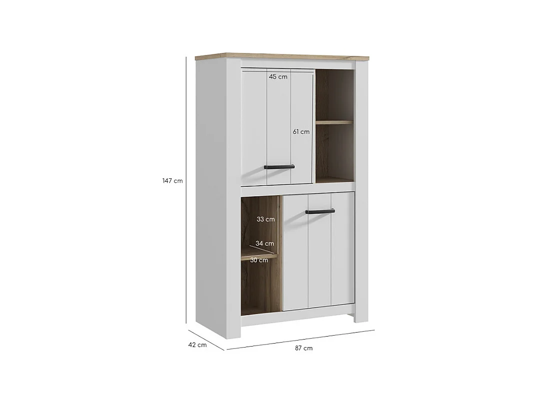 Vaisselier 2 portes 4 niches blanc mat décor bois poignées noir - LEANE