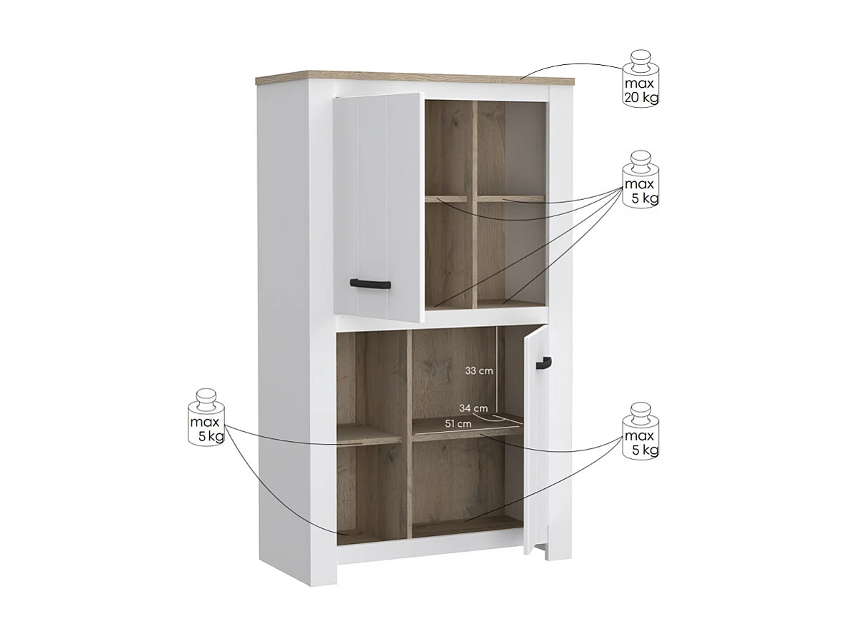 Vaisselier 2 portes 4 niches blanc mat décor bois poignées noir - LEANE