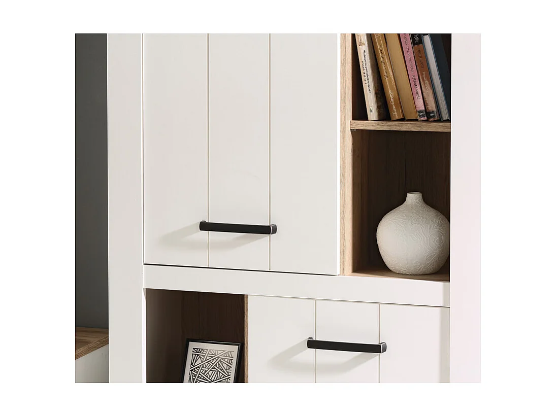 Vaisselier 2 portes 4 niches blanc mat décor bois poignées noir - LEANE