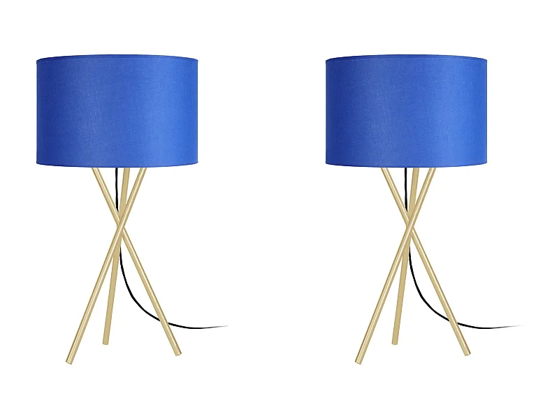 Pair de Lampes de chevet, trépied métal  doré,bleu 41 cm.
