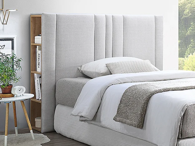 Tête de lit avec rangements 140 cm - Tissu - Gris clair et naturel - SIVERI