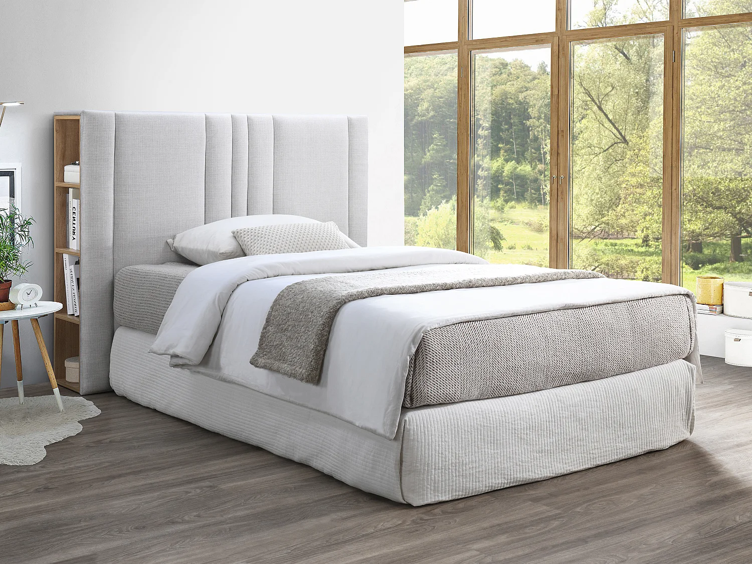 Bett-Kopfteil mit Stauraum 140 cm - Stoff - Hellgrau & Holzfarben - SIVERI