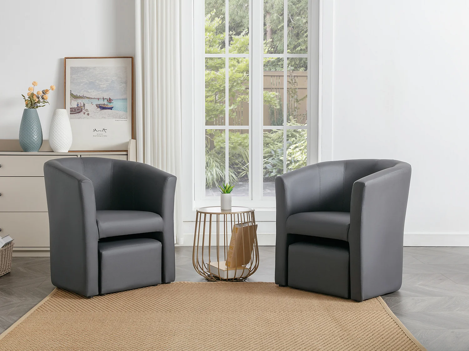 Fauteuil cabriolet et pouf en simili gris JOVANA