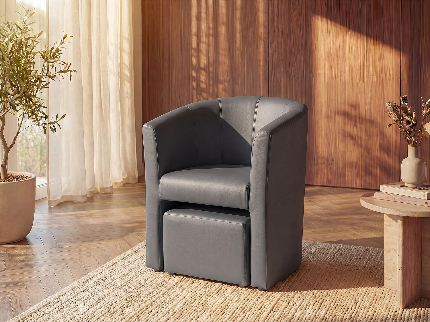 Fauteuil cabriolet et pouf en simili gris JOVANA