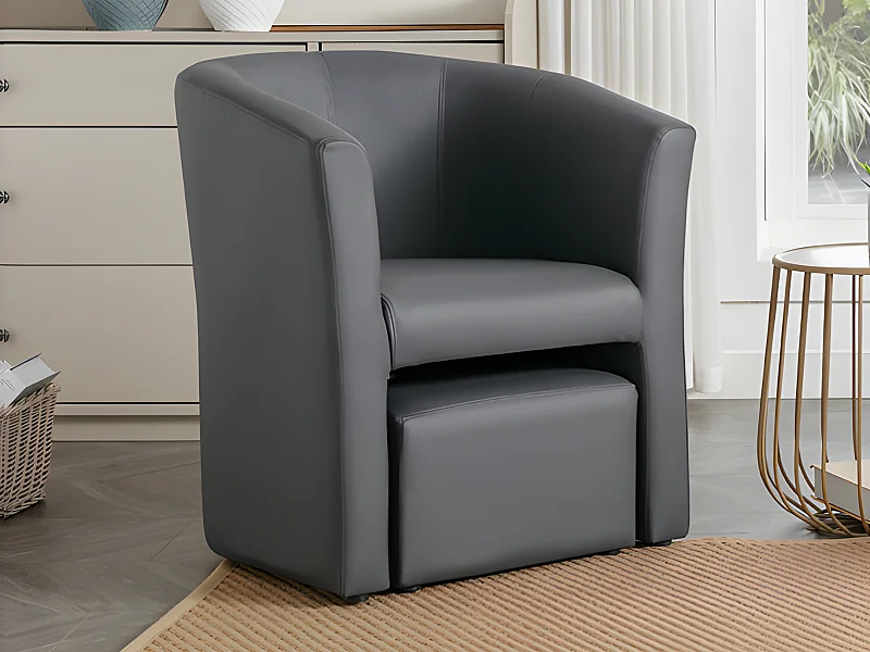 Fauteuil cabriolet et pouf en simili gris JOVANA
