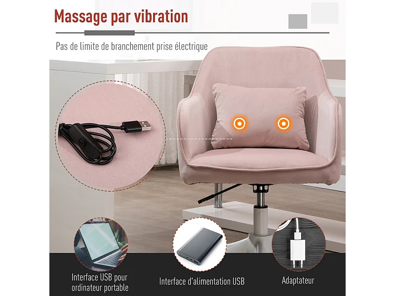 Chaise de bureau massante velours INES rose poudré