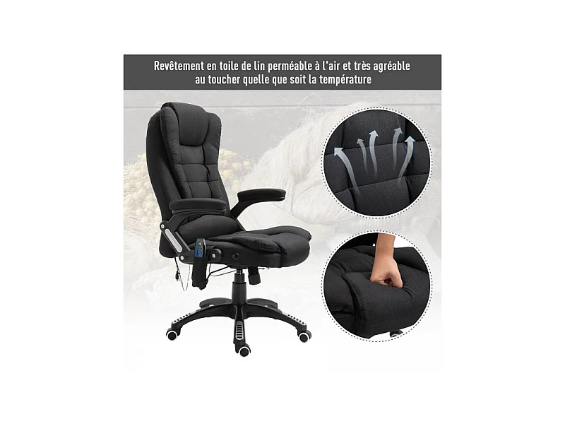 Fauteuil de bureau massant & chauffant Clara toile de lin noir