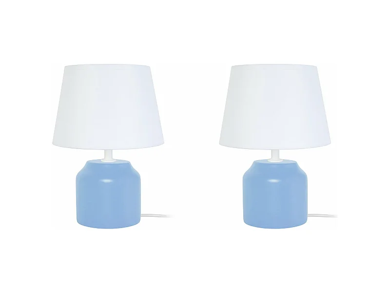 Pair de Lampes de chevet cylindre bois  bleu 24 cm.