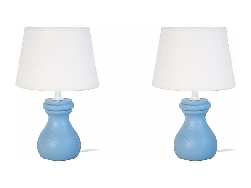 Pair de Lampes de chevet colonne bois  bleu 25 cm.