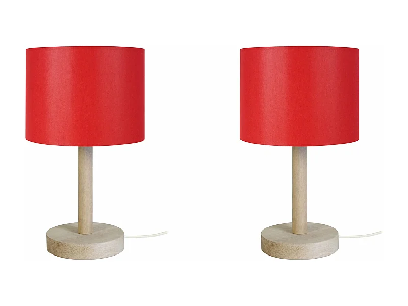 Pair de Lampes de chevet droit bois  naturel,rouge 35 cm.