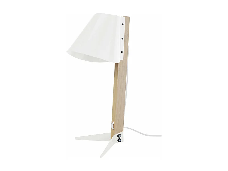 Lampe de bureau trépied bois,métal blanc 42 cm.