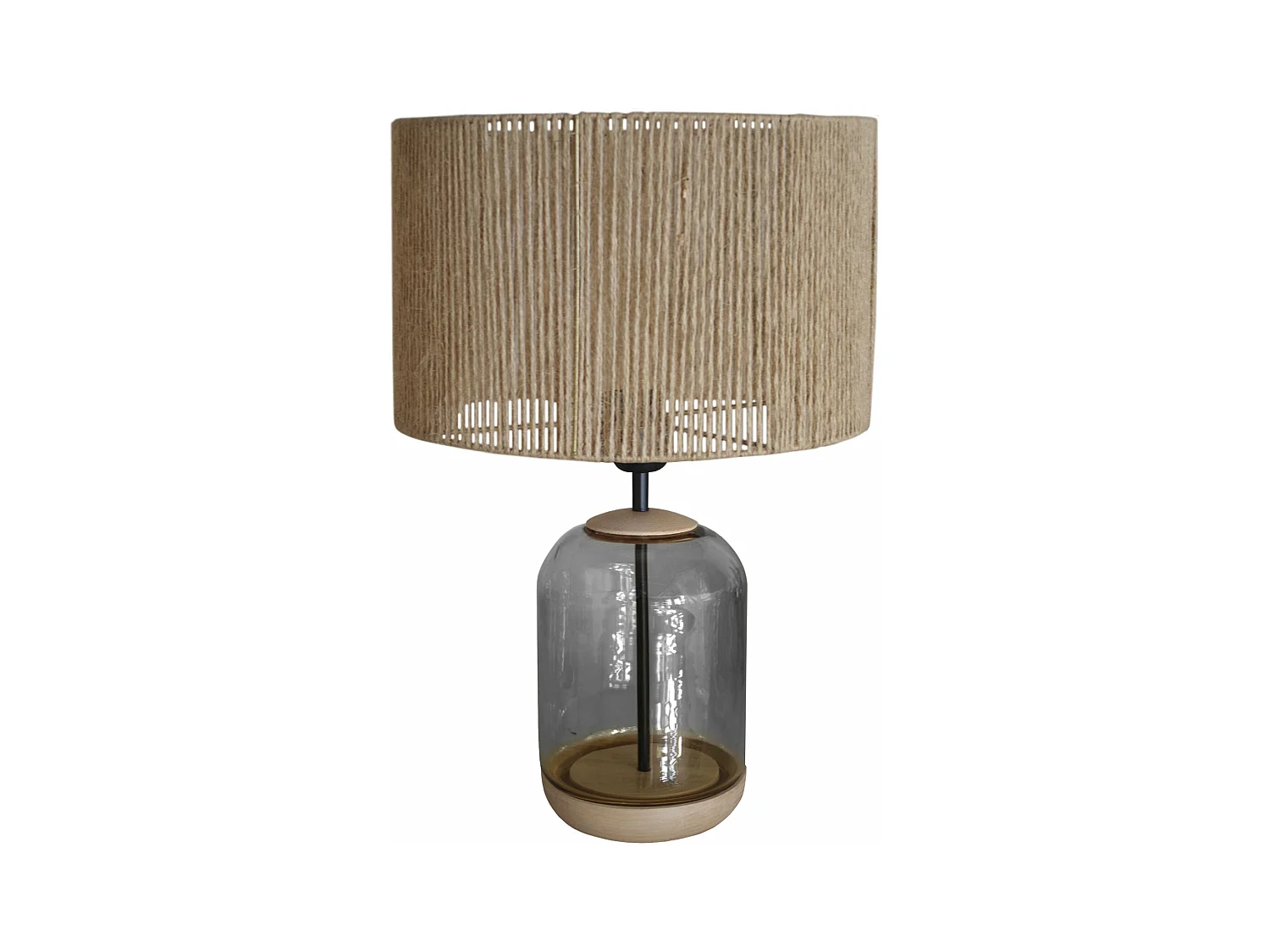 Lampe de chevet cylindre bois,verre,fumée,fillage jute  53 cm.
