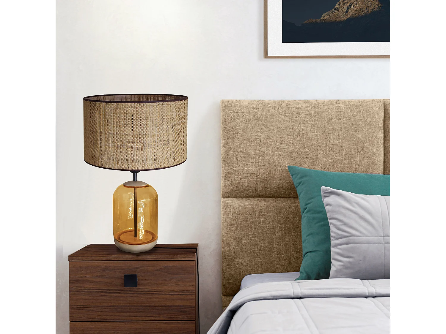 Lampe de Salon TOSEL ,bois,verre,naturel,H53xD35xP 35cm