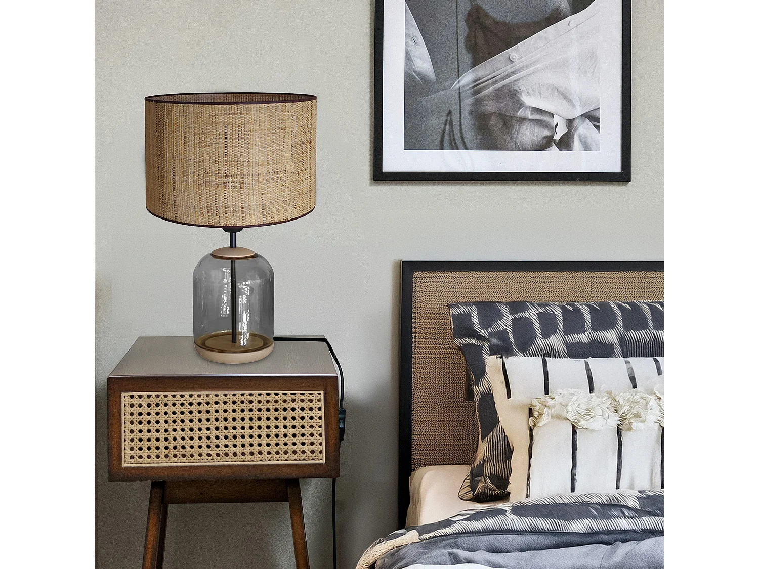 Lampe de Salon TOSEL ,bois,verre,naturel,H53xD35x P 35cm