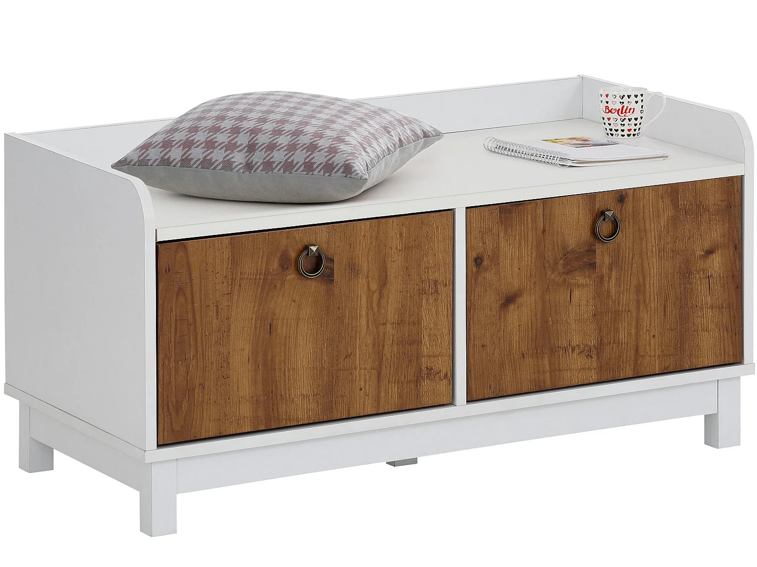 Banco con 2 puertas en MDF blanco y roble pacifico