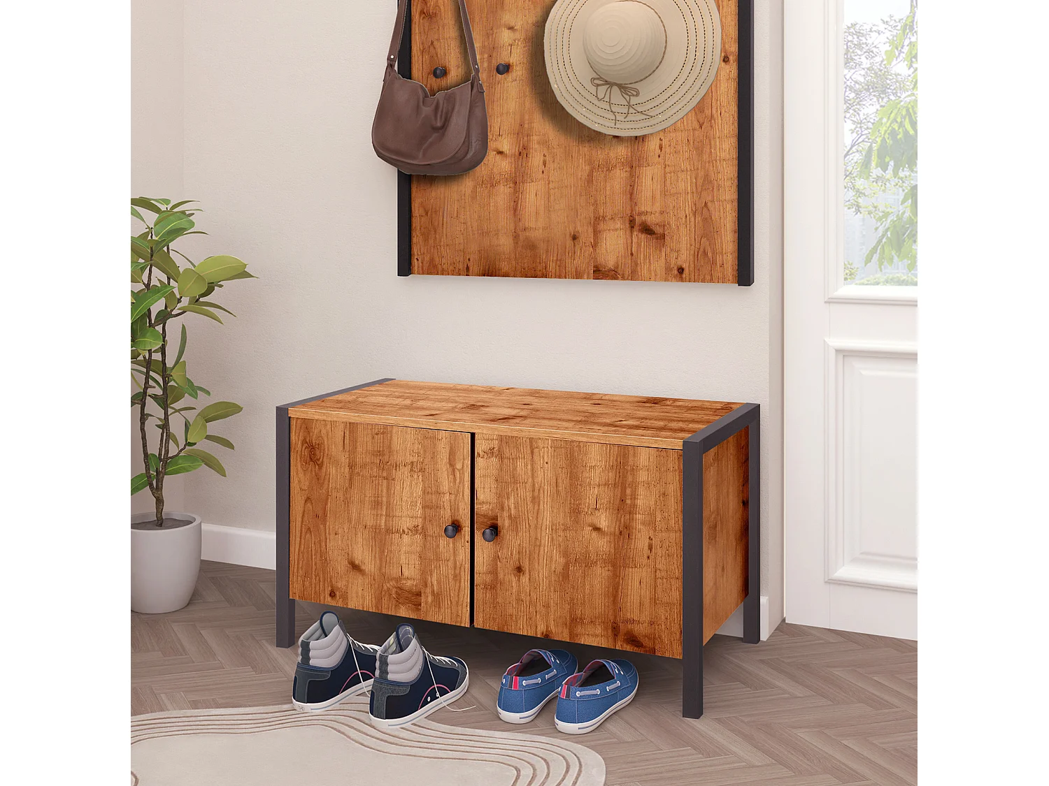 Banco com 2 portas em MDF branco e carvalho do Pacífico