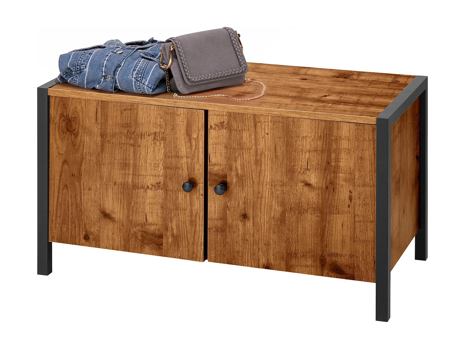 Banco com 2 portas em MDF branco e carvalho do Pacífico