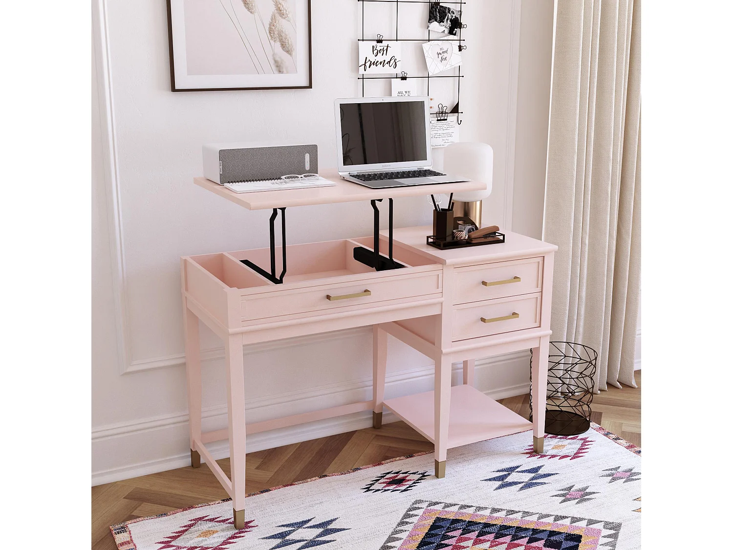 Computertisch mit Hubplatte in MDF-Rosa