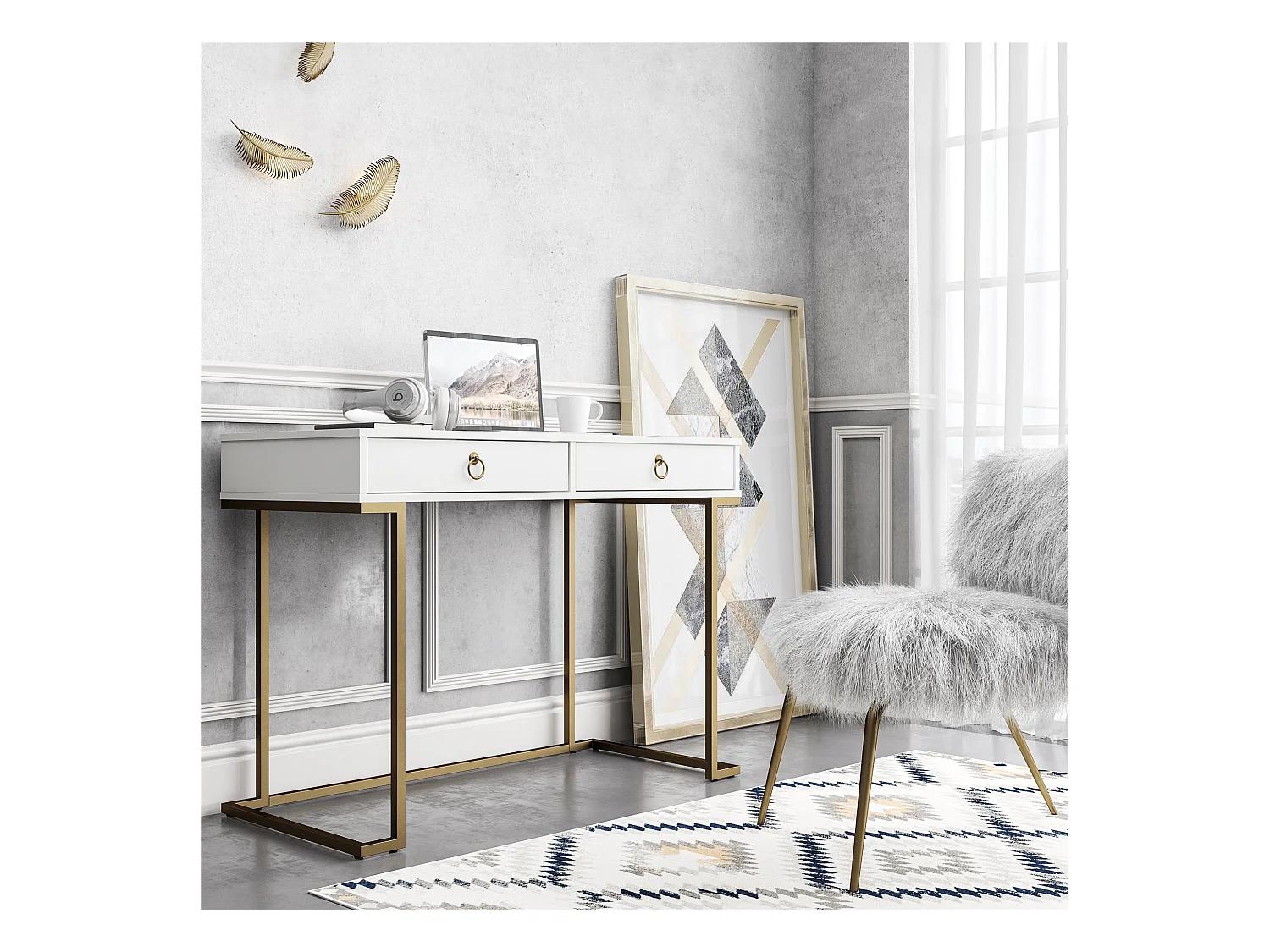 Camila | Bureau avec 2 tiroirs en mélaminé blanc