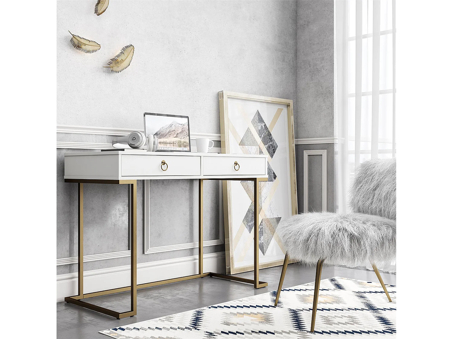 Camila | Bureau avec 2 tiroirs en mélaminé blanc