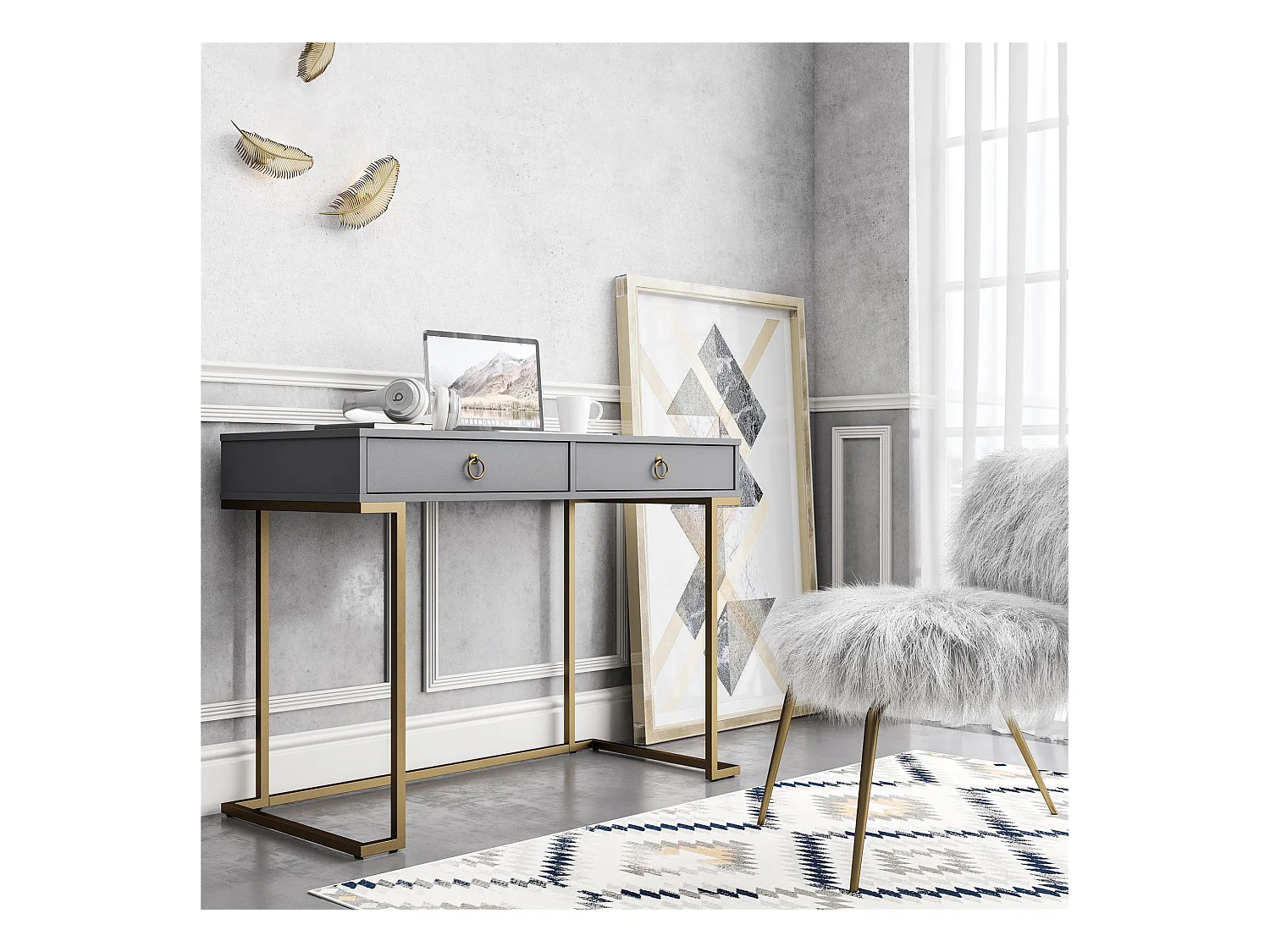 Camila | Bureau avec 2 tiroirs en mélaminé gris