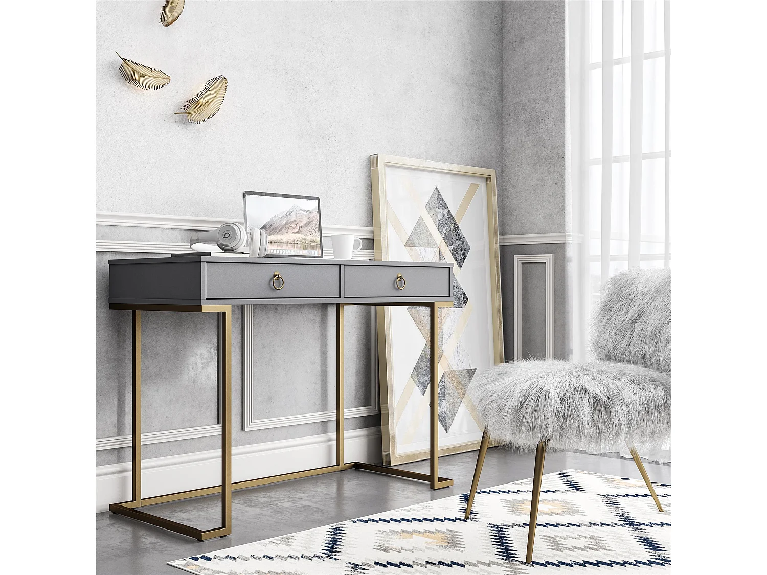 Camila | Bureau avec 2 tiroirs en mélaminé gris