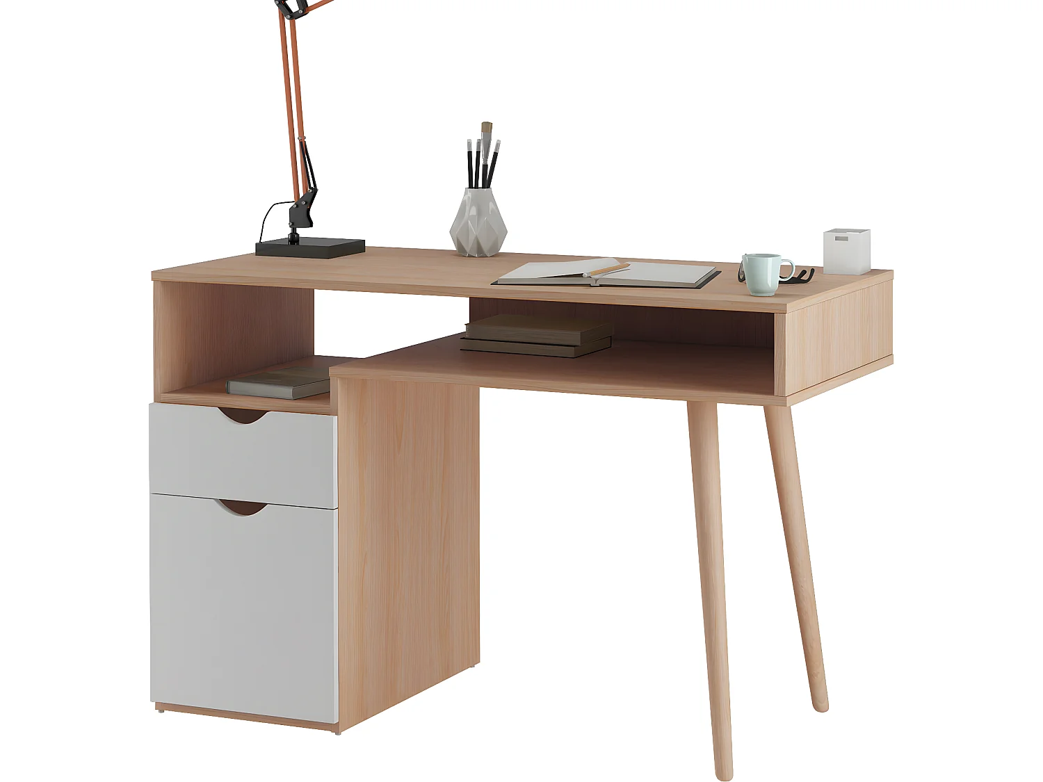Scandi | Bureau avec 1 porte et 1 tiroir en MDF blanc et chêne