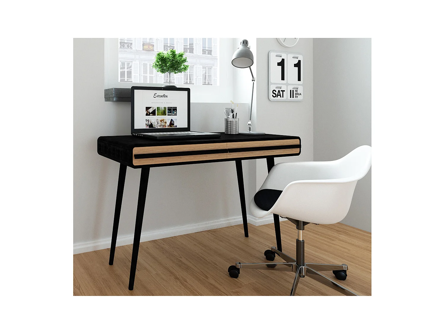 Escritorio con 2 cajones en aglomerado negro y natural.