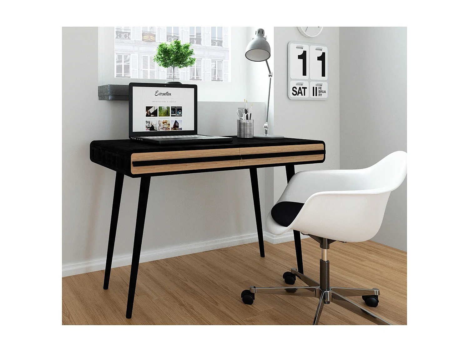 Chantal | Bureau à 2 tiroirs en effet bois noir