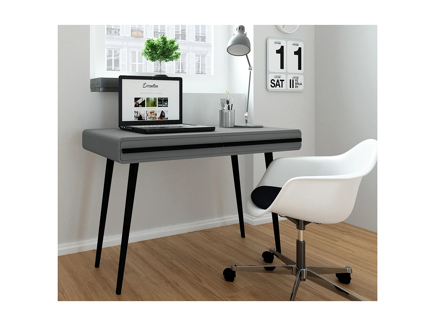 Chantal | Bureau à 2 tiroirs en effet bois gris et noir