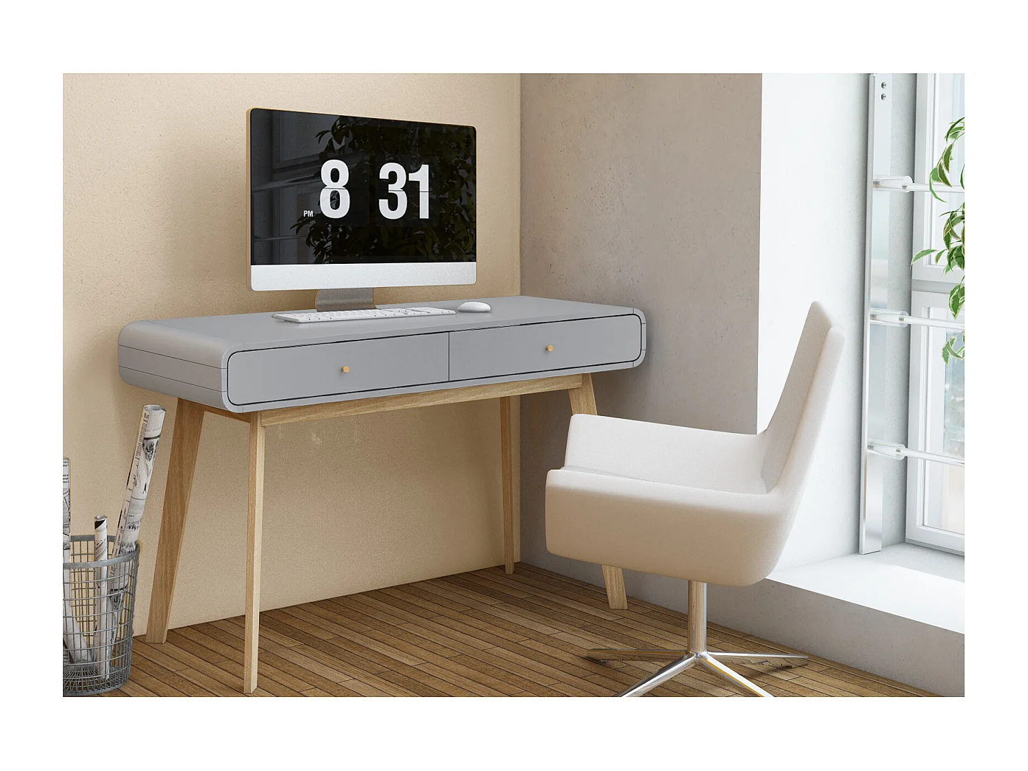 Cassie | Bureau avec 2 tiroirs en mélaminé gris