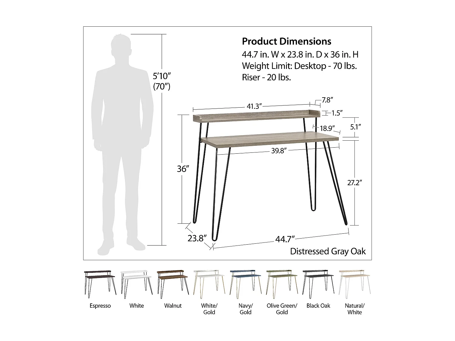 Secretária de computador em forma de L com tampo elevável em MDF cinzento rústico