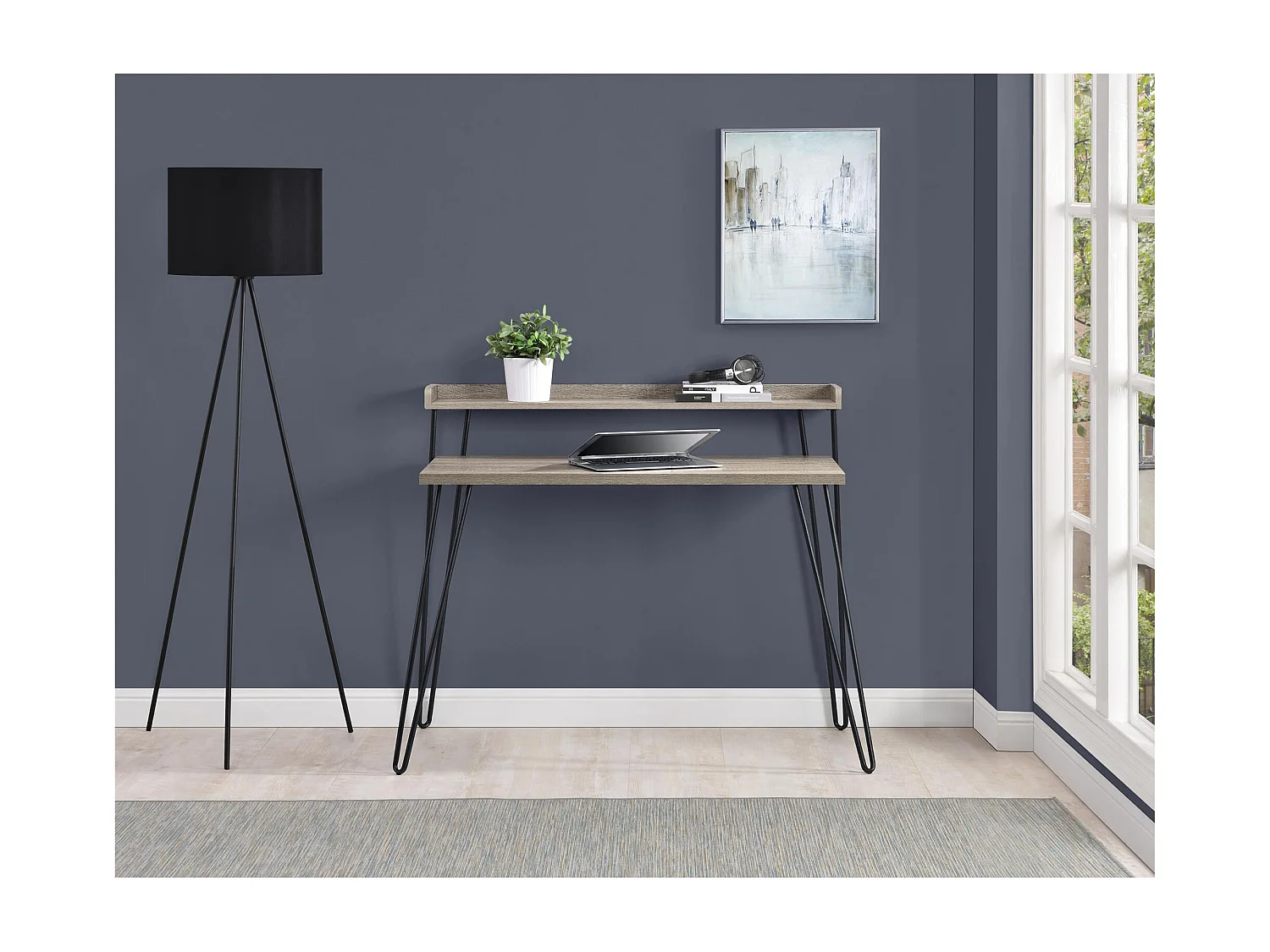 Haven | Bureau d'ordinateur avec étagère en chêne gris