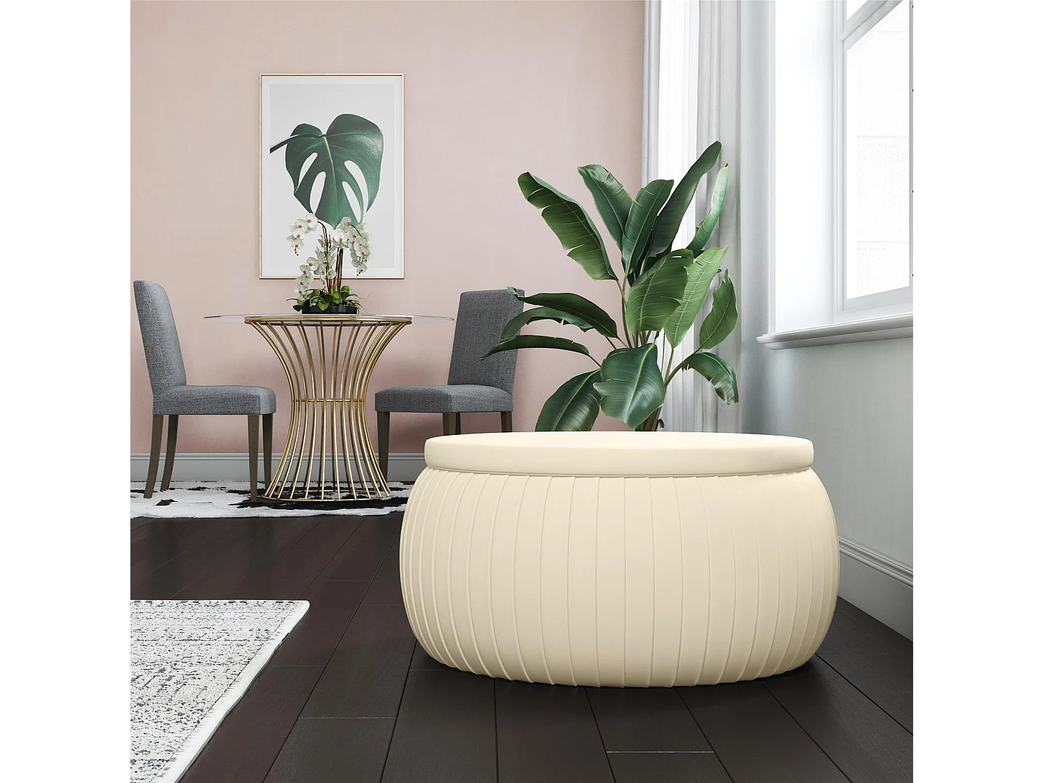 Pouf tondo con contenitore in velvet crema