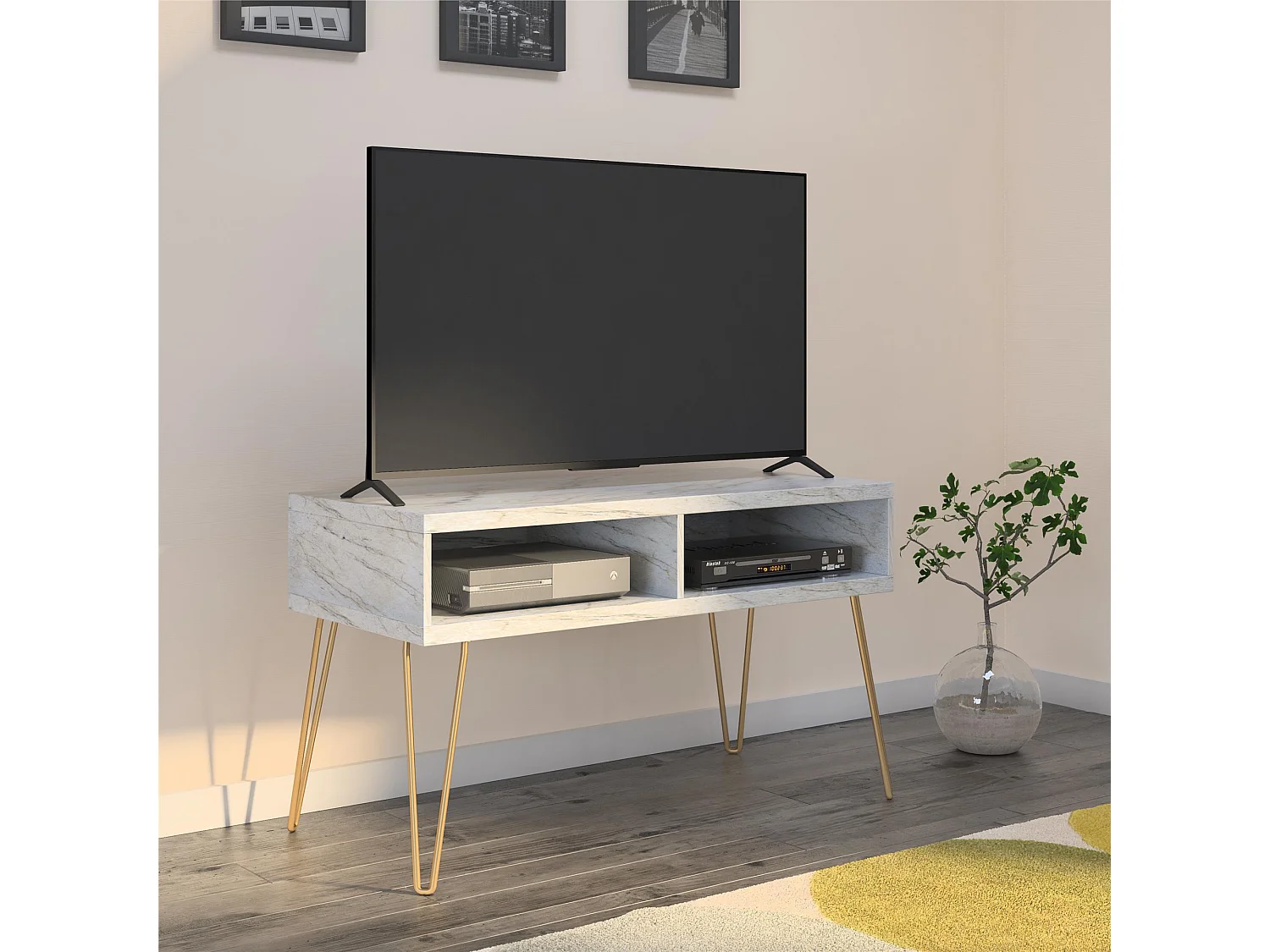 Athena | TV-Ständer mit 2 Fächern in Marmoroptik Weiß